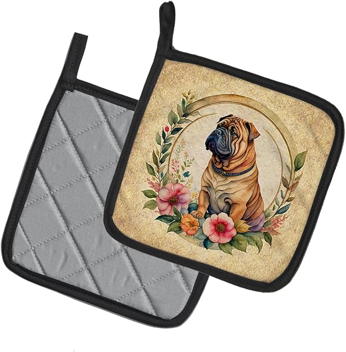 Caroline's Treasures Shar Pei and Flowers Pair of Pot Holders Kitchen Heat Resistant Pot Holders Sets Oven Hot Pads for Cooking Baking BBQ, 7 1/2 x 7 1/2