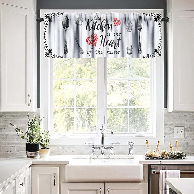 Retro Kitchen Valance, White Black Farmhouse Country Fork Spoon Heart Wooden Farm Short Curtain for Dining Room Bedroom Living Room Resturant Cafe Home Decoration, 54x18Inch