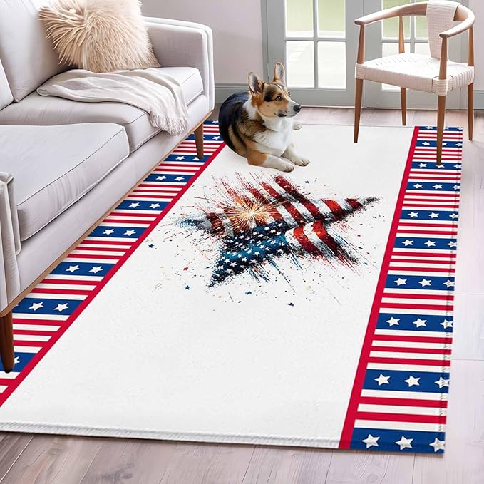 Area Rug 4x6ft, 4th of July Stars Stripes Abstract Flag Washable Rugs for Living Room Bedroom, Patriotic Theme Soft Non-Slip Area Rugs Rectangle Floor Carpet for Dining Room