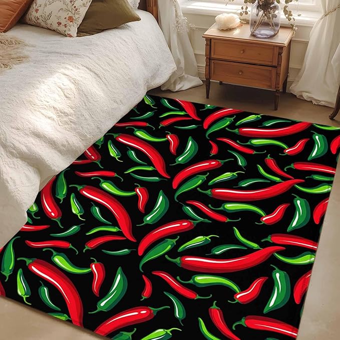 Area Rug 4x6ft, Spicy Chili Pepper Pattern Washable Rugs for Living Room Bedroom, Red Green Peppers on Black Soft Non-Slip Area Rugs Rectangle Floor Carpet for Dining Room