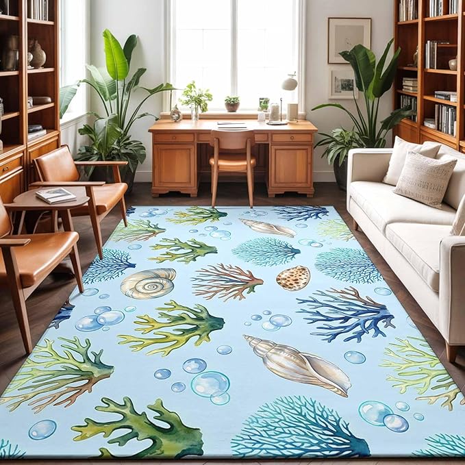Area Rug 8x10ft, Coastal Shell Coral Bubble Washable Rugs for Living Room Bedroom, Nautical Ocean Blue Underwater Scene Soft Non-Slip Area Rugs Rectangle Floor Carpet for Dining Room