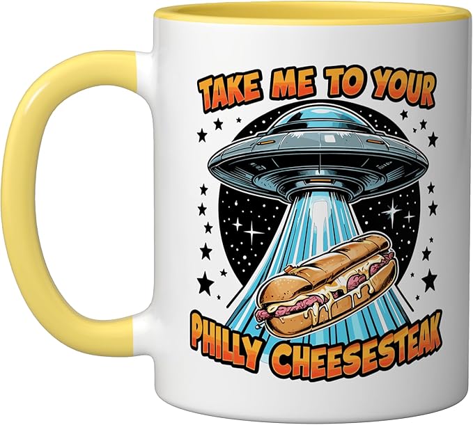 Take Me to Your Philly Cheesesteak UFO Philly Cheesesteak Ceramic Mug, Yellow/White