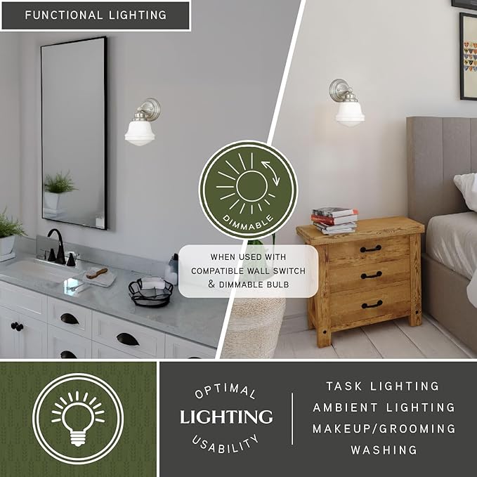 VAXCEL Huntley 1-Light 6.75 inch Wide Satin Nickel Farmhouse Bathroom Vanity Lighting Fixture, White Schoolhouse Milk Glass Globe Shade, Dimmable, LED Compatible, Wall Mounted Steel Sconce
