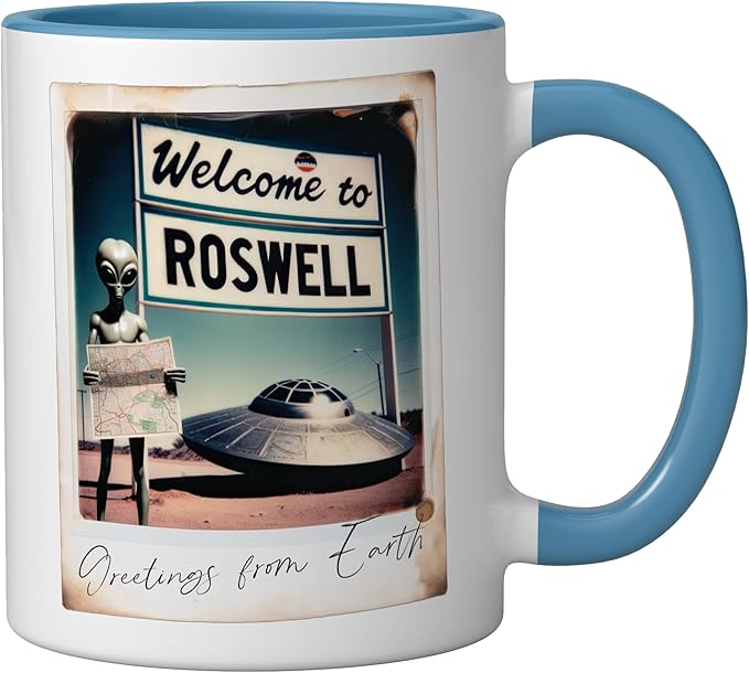 Vintage Alien UFO Crash At Roswell 1947 Photo Ceramic Mug, Blue/White