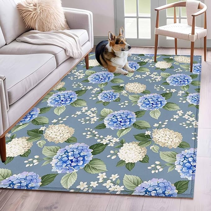 Area Rug 4x6ft, Watercolor Purple White Hydrangea Washable Rugs for Living Room Bedroom, Spring Flower on Gray Blue Soft Non-Slip Area Rugs Rectangle Floor Carpet for Dining Room