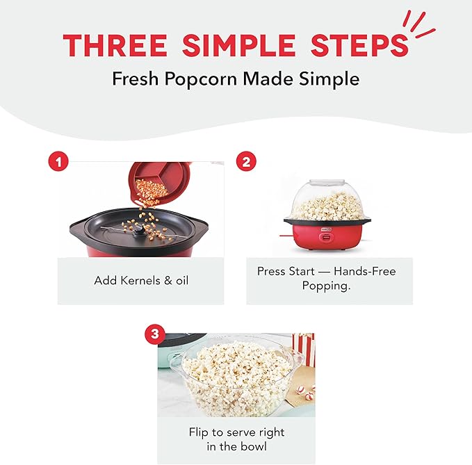Dash SmartStore Deluxe Stirring Popcorn Maker - Hot Oil Electric Popcorn Popper with Butter-Warming Tray, Clear Serving Bowl, Storage Lid & Measuring Cup - 24 Cups, Red