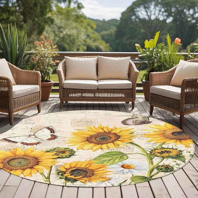 Sunflower Farmhouse 8ft Round Rug, Retro Floral Butterflies Non-Skid Rubber Backing Large Area Rugs - Living Room Bedroom Home Office, Spring Summer Indoor Floor Mat Carpets Washable Rug
