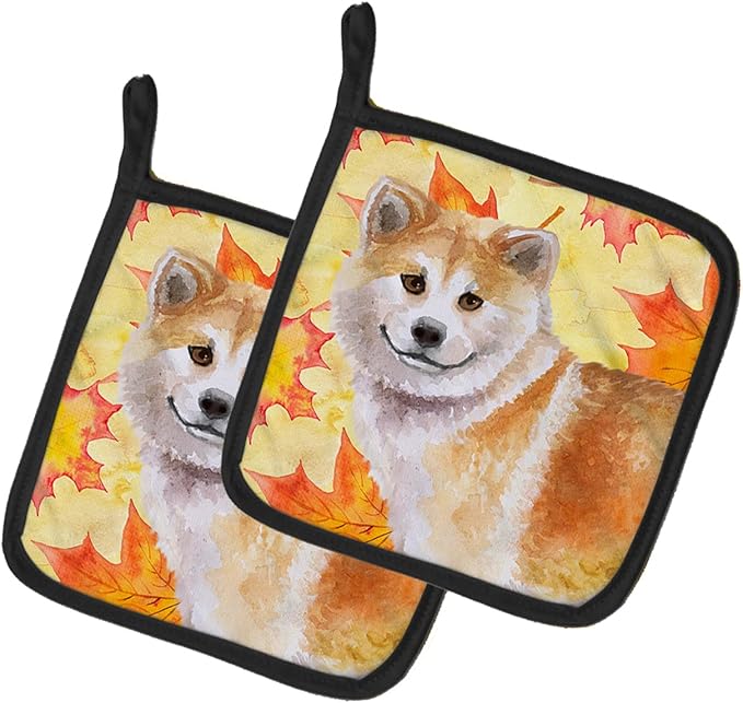 Caroline's Treasures BB9939PTHD Shiba Inu Fall Pair of Pot Holders, Yellow Kitchen Heat Resistant Pot Holders Sets Oven Hot Pads for Cooking Baking BBQ, 7 1/2 x 7 1/2