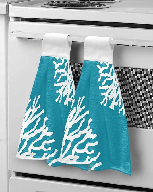 Alandar Home Kitchen Tie Towel Set of 2, Summer Blue Ocean Abstract Coral Absorbent Soft Hand Towels for Bathroom Hanging Towels, Modern Minimalist Art Fast Drying Cleaning Cloth with Loop
