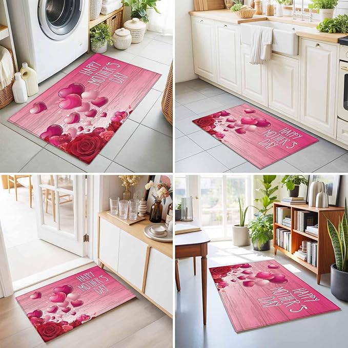 Area Rug 2x3ft, Mother's Day Love Balloon Rose Washable Rugs for Living Room Bedroom, Gradient Pink Wood Grain Soft Non-Slip Area Rugs Rectangle Floor Carpet for Dining Room