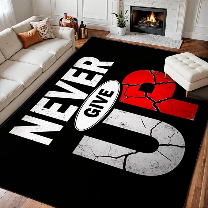 8x10 Area Rugs for Bedroom Boho Washable Man Cave Rug for Living Room Never Give Up Motivational Typography Cracked Lettering Design Soft Rubber Backed Non-Slip Large Carpets for Boys