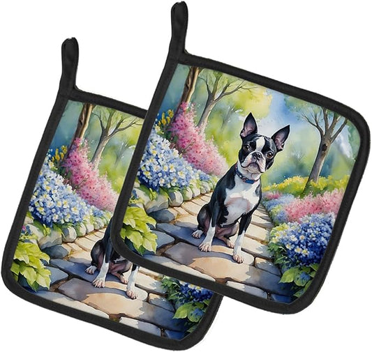 Caroline's Treasures Boston Terrier Spring Path Pair of Pot Holders Kitchen Heat Resistant Pot Holders Sets Oven Hot Pads for Cooking Baking BBQ, 7 1/2 x 7 1/2