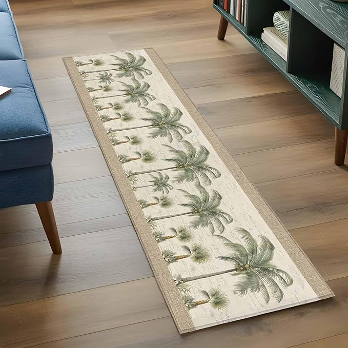 Runner Rug for Bedroom Hallway, Coastal Tropical Olive Green Palm Trees Kitchen Runner Rugs Area Rug 2x6ft, Classic Retro Linen Washable Soft Floor Carpet for Entryway Stair