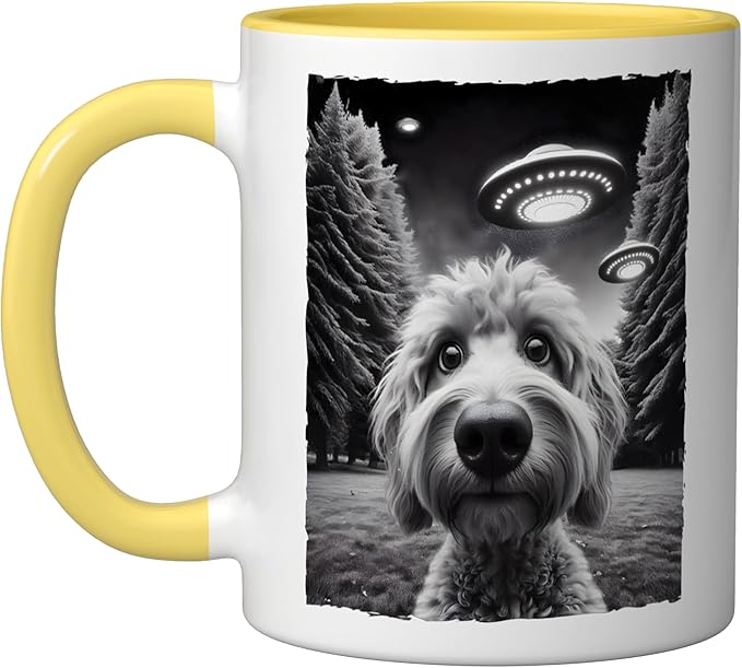 Funny Golden Doodle Selfie UFO Encounters for Dog Lovers Ceramic Mug, Yellow/White