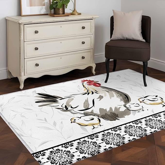 Area Rug 3x5ft, Country Farmhouse Rooster Washable Rugs for Living Room Bedroom, Watercolor Animal Flower Pattern Soft Non-Slip Area Rugs Rectangle Floor Carpet for Dining Room
