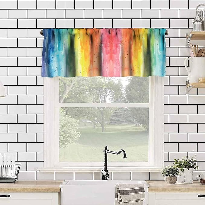 Rainbow Watercolor Valance Curtain, Colorful Colour Pigment Stripe Short Window Treatment for Kids Boys Girls Kitchen Bedroom Nursery Decor, 54x18Inch