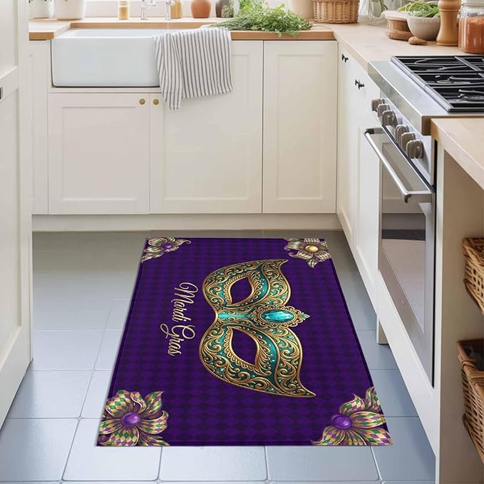 Area Rug 2x3ft, Mardi Gras Mask Purple Plaid Washable Rugs for Living Room Bedroom, Abstract Blossom Floral Soft Non-Slip Area Rugs Rectangle Floor Carpet for Dining Room