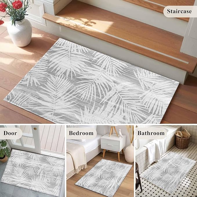 Area Rug 2x3ft, Modern Gray Palm Leaves Washable Rugs for Living Room Bedroom, Boho Tropical Leaves Soft Non-Slip Area Rugs Rectangle Floor Carpet for Dining Room
