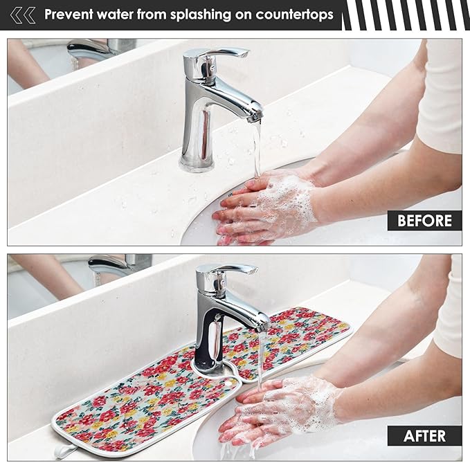 Kitchen Faucet Absorbent Mat,Rose Floral Flower Water Splash Guard for Sink, Faucet Drip Catcher Thicken Sponge Microfiber Faucet Water Catcher Mat Sink Absorbent Mat for Kitchen 14x5in 2Pack