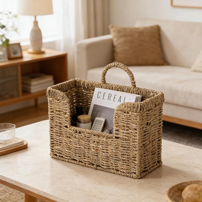 Woven Hanging Basket for Wall, Magazine and Mail Organizer Holder with Sturdy Frame,Seagrass Magazines Baskets Also Stands on Tabletop, Wall Mount Storage Rack for Home Office