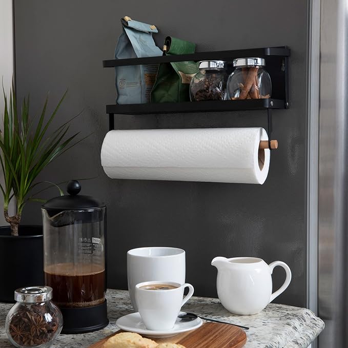 Household Essentials Metal Magnetic Spice Rack with Paper Towel Holder, Black