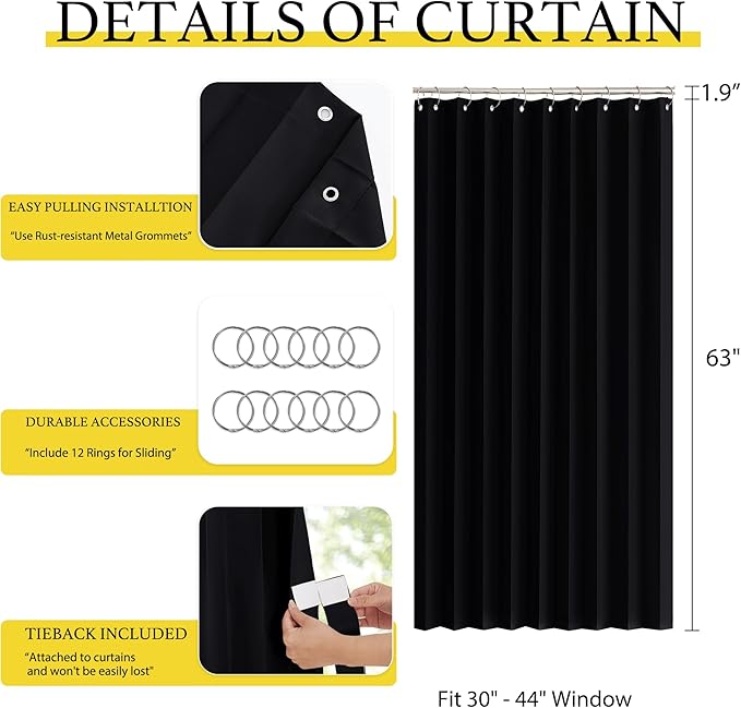 NICETOWN Black Blackout Curtains for Kitchen - Accordion Style Thermal Insulated Sliding Door Curtain Draperies Energy Saving Short Window Blinds for Living Room Bedroom, 52 x 63 inch, 1 Panel