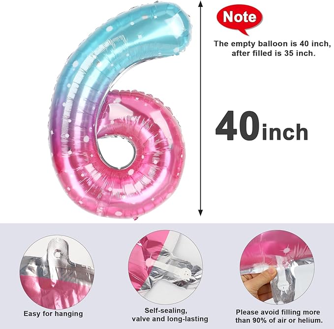 Number 6 Balloon 40 Inch, 6 7 Six Seven Birthday Decorations, 6th Birthday Balloon for Boy Girl, Pink Purple Blue 16 60 61 65 Balloons Party Wedding Events Decorations