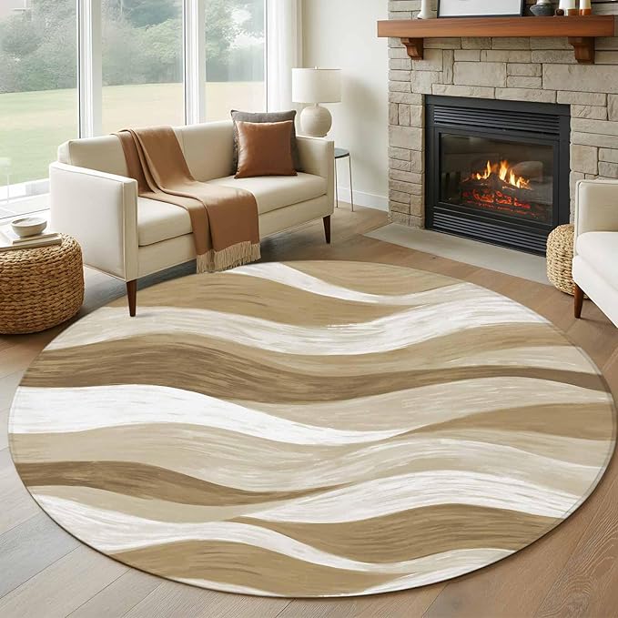 Washable Round Area Rug Modern Brown Ombre Ocean Wave Circle Rugs Floor Carpet for Living Room Bedroom, Abstract Gradient Stripe Soft Non Slip Round Rug 5ft