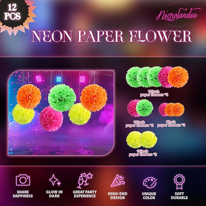NICROLANDEE Blacklight Party Decorations - 12 PCS Fluorescent Neon Tissue Paper Pom Poms for Birthday, Wedding, Baby Shower, Glow-in-The-Dark, Neon, Prom Dance Party Photography