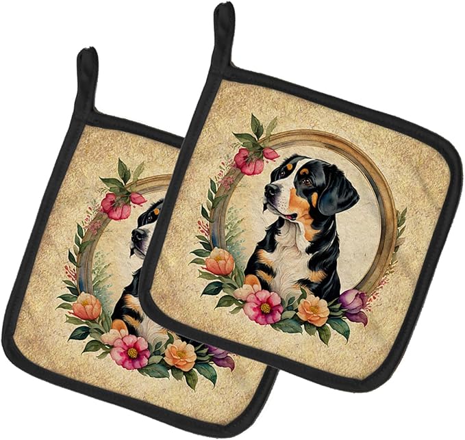 Caroline's Treasures Entlebucher Mountain Dog and Flowers Pair of Pot Holders Kitchen Heat Resistant Pot Holders Sets Oven Hot Pads for Cooking Baking BBQ, 7 1/2 x 7 1/2