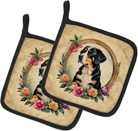 Caroline's Treasures Entlebucher Mountain Dog and Flowers Pair of Pot Holders Kitchen Heat Resistant Pot Holders Sets Oven Hot Pads for Cooking Baking BBQ, 7 1/2 x 7 1/2