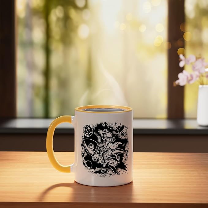 Alien Lover Flying Saucer UFO Extraterrestrial Cowboy Ceramic Mug, Yellow/White
