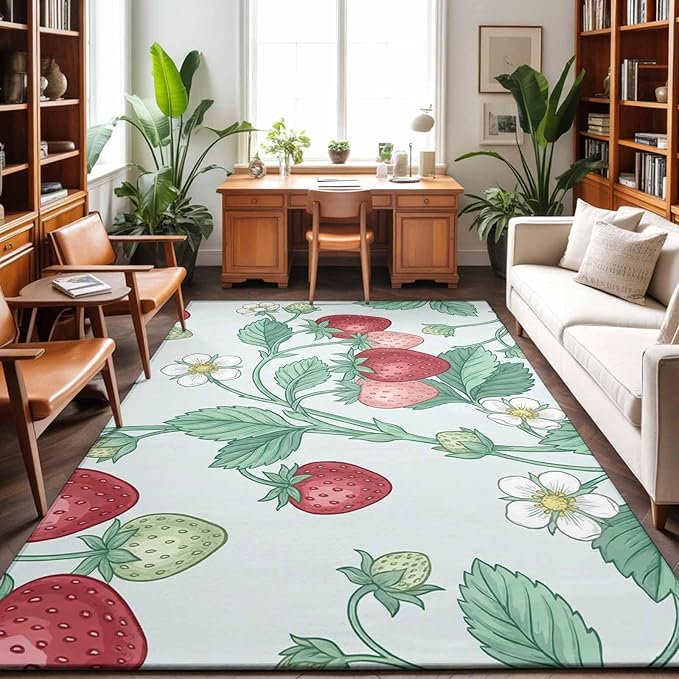Area Rug 9x12ft, Strawberries White Flowers Washable Rugs for Living Room Bedroom Rectangle Floor Carpet, Rustic Garden Botanical Soft Non-Slip Area Rugs for Dining Room
