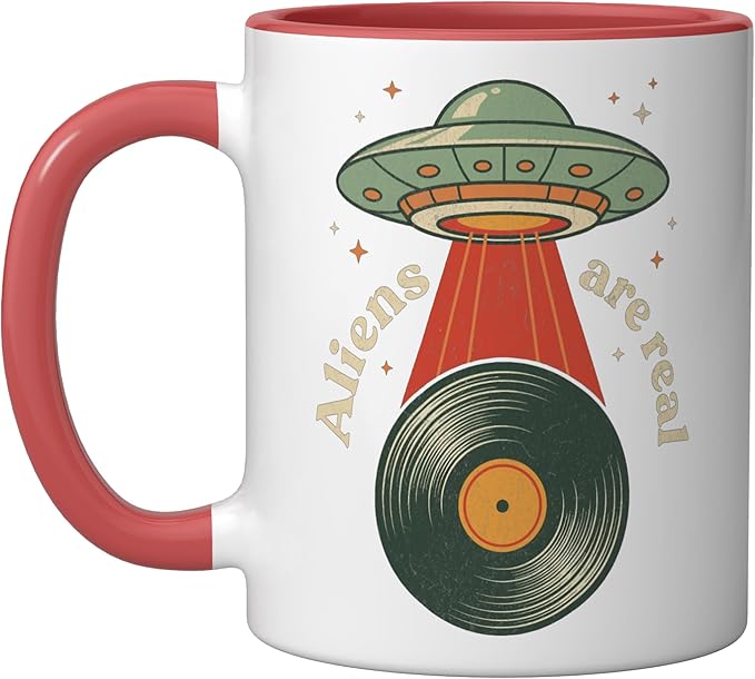 Vintage UFO Abduction Vinyl Record Player Retro Music Lover Ceramic Mug, Red/White