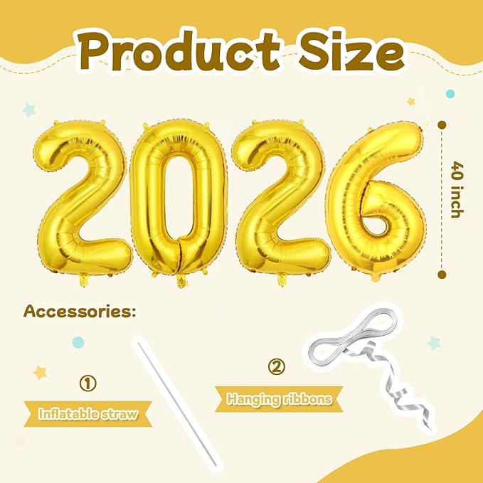 Gold 2026 Balloons, Jumbo 40 Inch Foil 2026 Number Balloons, Grad Balloons for Class of 2026 Graduation Party, Gold Matellic Foil New Year Birthday Home Office Party Supplies
