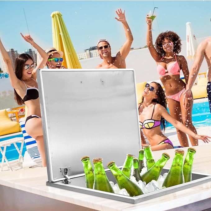 Drop in Ice Chest, 20''L x 14''W x 13''H Stainless Steel Ice Cooler, Commercial Ice Bin with Hinged Cover, 32QT Outdoor Kitchen Ice Bar, Drain-Pipe and Drain Plug Included, Ice Bin for Cold Wine Beer