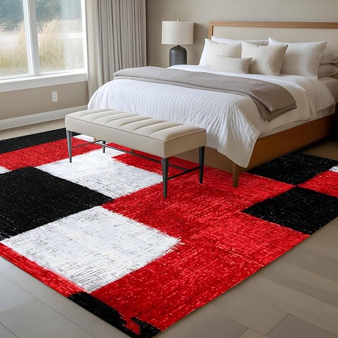 Area Rug 9x12ft, Red Black White Gradient Washable Rugs for Living Room Bedroom Rectangle Floor Carpet, Abstract Color Block Soft Non-Slip Area Rugs for Dining Room