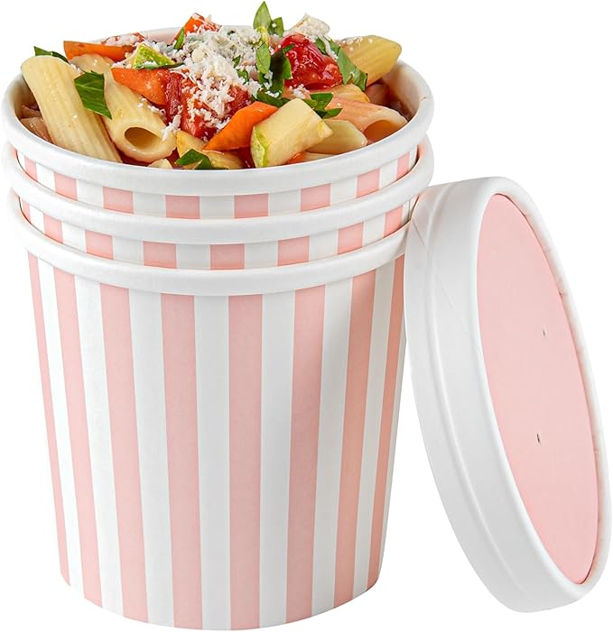 Restaurantware Bio Tek 12 Ounce Soup Containers 200 Durable Soup Bowls - Disposable Sustainable Pink And White Paper Soup Cups Striped Round For Hot Or Cold Foods