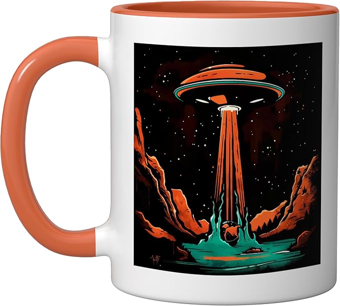 Aliens Abducting people into Flying UFO Saucer Abduction Ceramic Mug, Orange/White