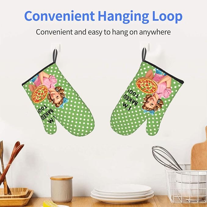2 Pcs Funny Oven Mitts I'm Baked Too Heat Resistant Non-Slip Kitchen Gloves with Hanging Loop Housewarming Gifts for Baking Lover Family Friend