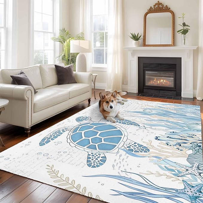 Area Rug 6x9ft, Blue Sea Turtles Stars Corals Washable Rugs for Living Room Bedroom, Vintage Marine Life Soft Non-Slip Area Rugs Rectangle Floor Carpet for Dining Room