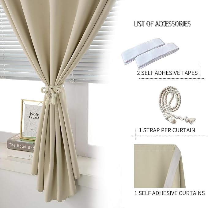 Self Adhesive Portable Blackout Curtains for Bedroom Easy to Install Window Thermal Lnsulated Kitchen Room Darkening Small Window Curtains, Cortinas Para Cuarto, 47"W X 71"L, Beige, 1 Panel