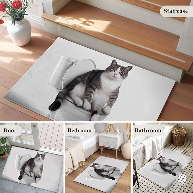 Area Rug 2x3ft, Cute Funny Cat on The Toilet Washable Rugs for Living Room Bedroom, Animal Grey Art Soft Non-Slip Area Rugs Rectangle Floor Carpet for Dining Room