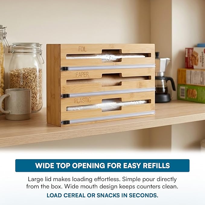 Honey Can Do 3-In-1 Bamboo Food Wrap Organizer With Safety Cutter | Plastic, Wax, Paper and Foil Holder KCH-09858 Natural