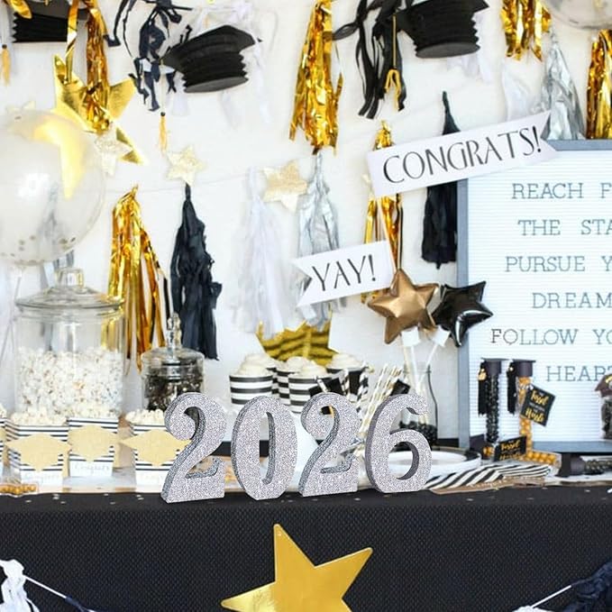 TONIFUL 4 Inch 2026 Silver Glitter Table Centerpiece Sign 2026 Number Word Sign,2026 Wooden Numbers Block for New Year Eve,Graduation,Chrismas,Anniversary Party Supplies