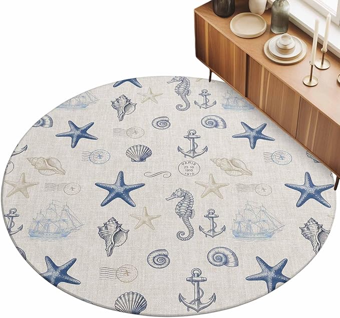 Washable Round Area Rug Coastal Seahorse Starfish Shell Conch Circle Rugs Floor Carpet for Living Room Bedroom, Vintage Nautical Anchor Soft Non Slip Round Rug 3ft