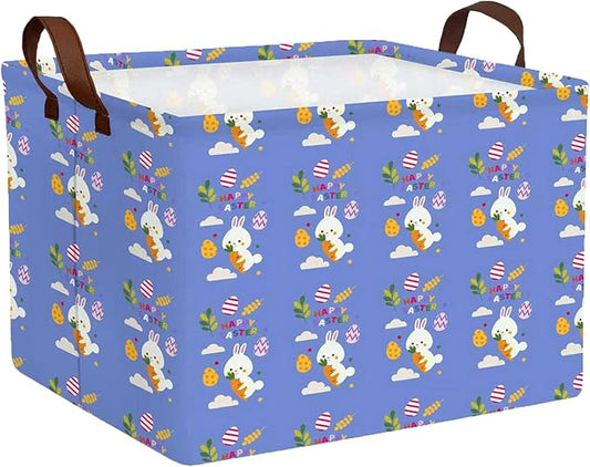 Large Rectangular Easter Baskets Empty Waterproof Boy Toy Box Foldable Kid's Gifts Storage Bin Spring Room Decor(Blue Rabbit Holding Carrot Egg)