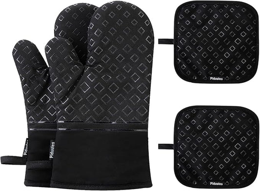 Set of 4 Oven Mitts and Pot Holders, 482 F Heat Resistant Hot Plate Moving Non-Slip Gloves for BBQ, Grill, Baking, Cooking, Oven, Microwave (Black)