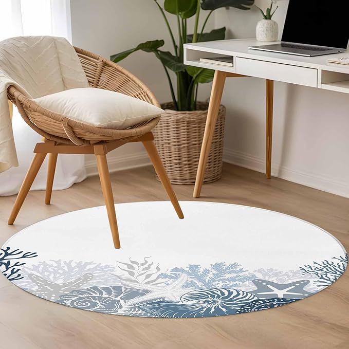 Washable Round Area Rug Underwater Blue Shells Starfish Coral Circle Rugs Floor Carpet for Living Room Bedroom, Summer Botantical Soft Non Slip Round Rug 3ft