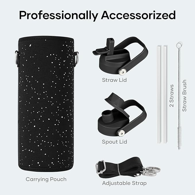 BUZIO 40 oz Insulated Water Bottle, Triple Wall Vacuum Stainless Steel Water Flask with 2 lids, Lead-Free BPA-Free Straw Lid Sports Canteen Jug, Cold 48H & Hot 24H, Starry Day & Night